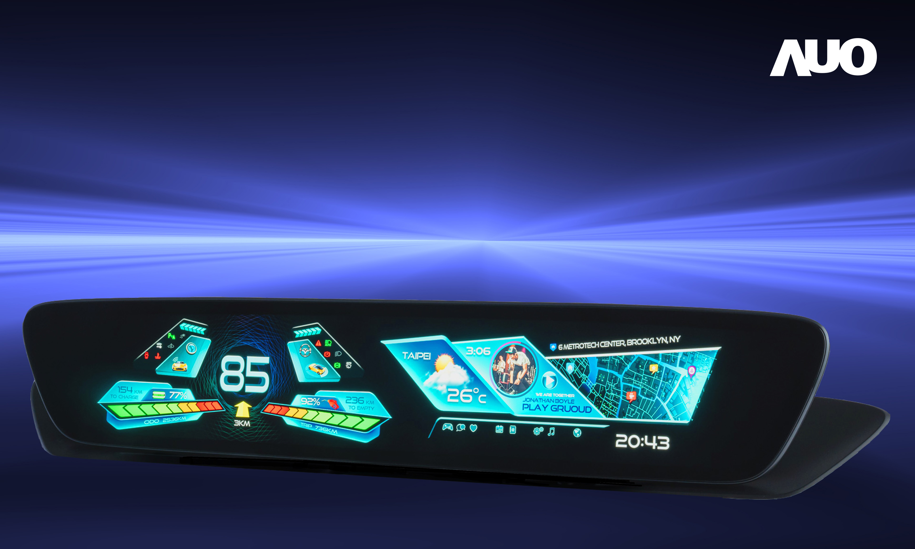 友達30.4吋異形曲面AmLED車載顯示系統，為一兼具儀表板及中控台人機介面的創新車載顯示系統，結合美學設計，提升車內科技沉浸感及使用體驗，讓車載顯示的未來應用更加多元化