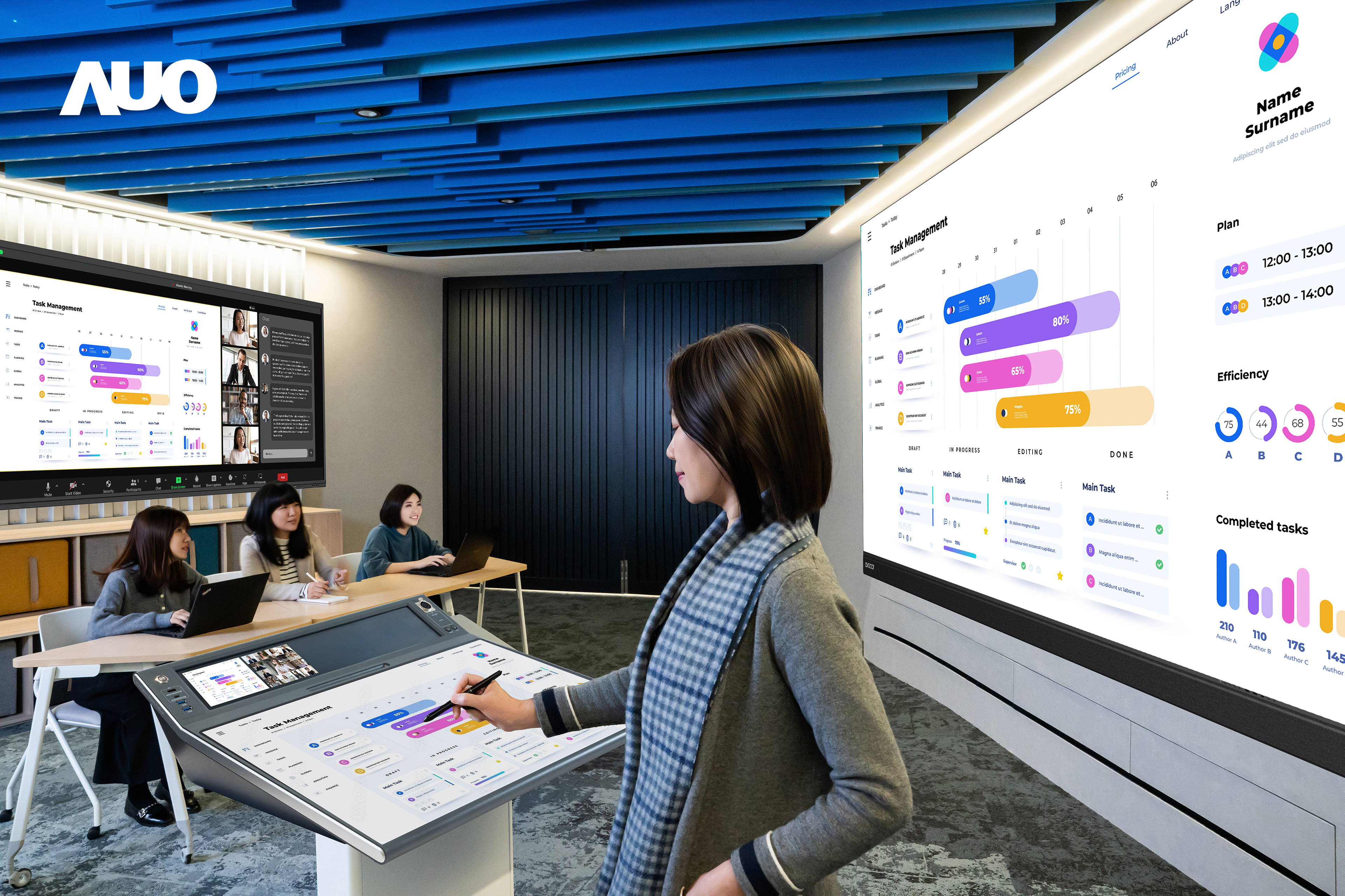 达擎携手Avocor与Rise Vision展示全方位商务领域应用，包含采用模块化设计的138吋一体式All-in-One LED显示器及具21:9超宽比例的92吋交互式电子白板（IFPD），讲者可轻松分享内容，有效提升会议协作效率。